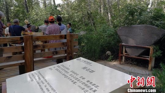 游客在阿勒泰市桦林公园欣赏“天外来客”陨石。 王小军 摄